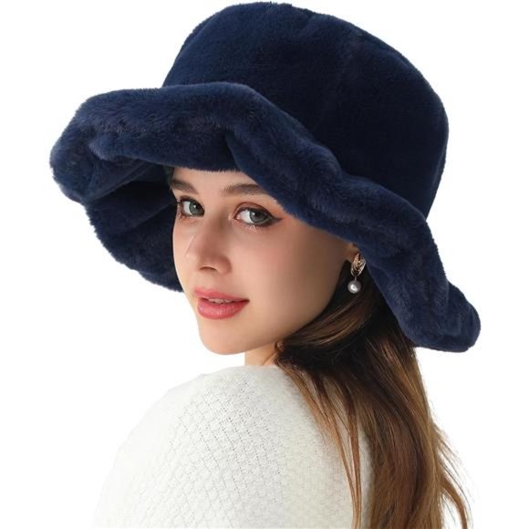 Women'sFaux Fur Bucket Hat Winter Warmer Cap Navy